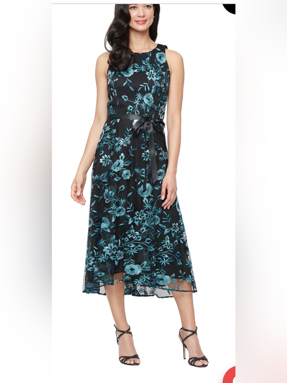 Alex Evenings Black Midi Dress with Teal Floral Embroidery